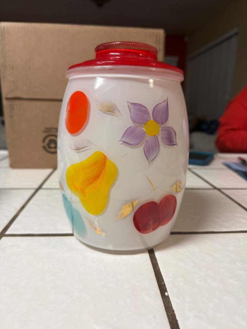 Rare Bartlett Collins Cookie Jar Glass White Painted Fruit Flowers Gay Fad Vinta
